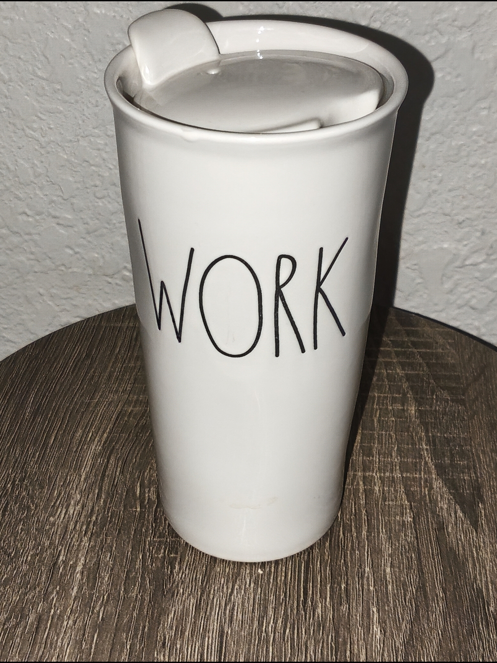 Rae Dunn White Travel Mug with Black Lettering - "WORK"